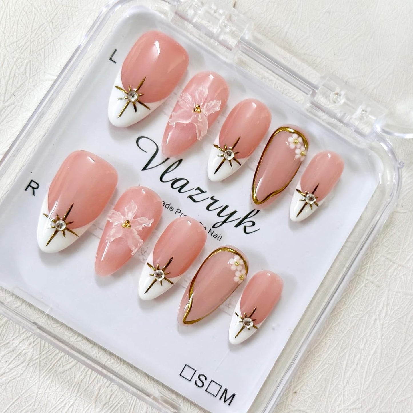 Brown French Tip Press On Nails - 3D Metallic Rhinestones | Medium Almond Reusable Acrylic False Nails (10 PCS)