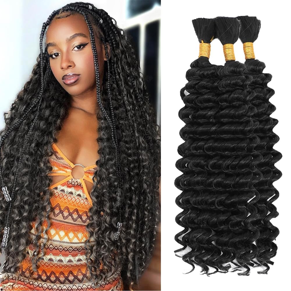 #1B Braiding Hair Natural Black Deep Wave Human Braiding Hair 20 20 20 Inch No Weft Deep Curly Human Hair Extensions for Braids #1B Natural Color