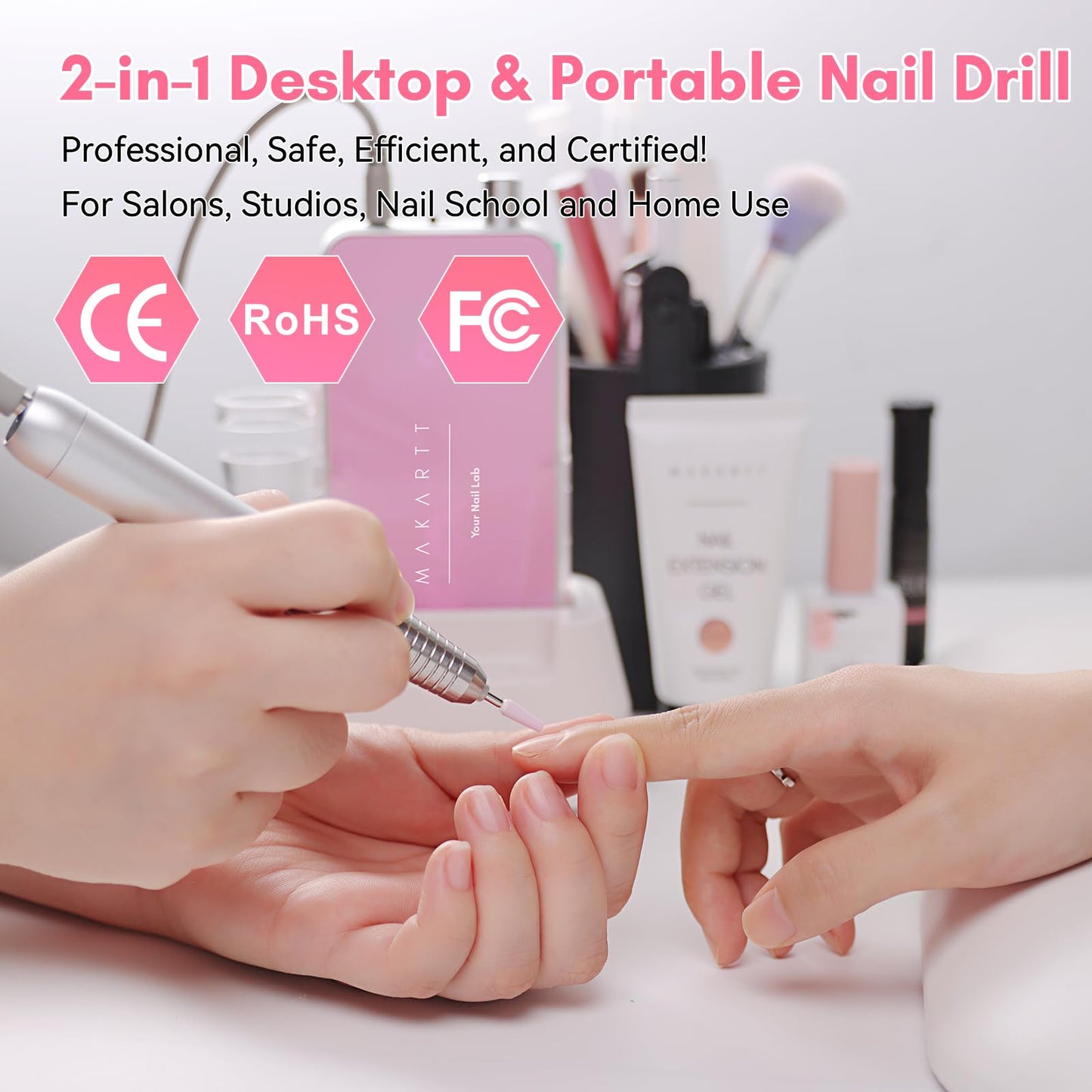 Makartt Nail Drill Professional, 35,000RPM Rechargeable Electric Nail File for Acrylic & Gel Removal, 60W Brushless Motor, 2-in-1 Desktop & Portable, LCD Display, for Home & Salon Use, Nouvella Pink