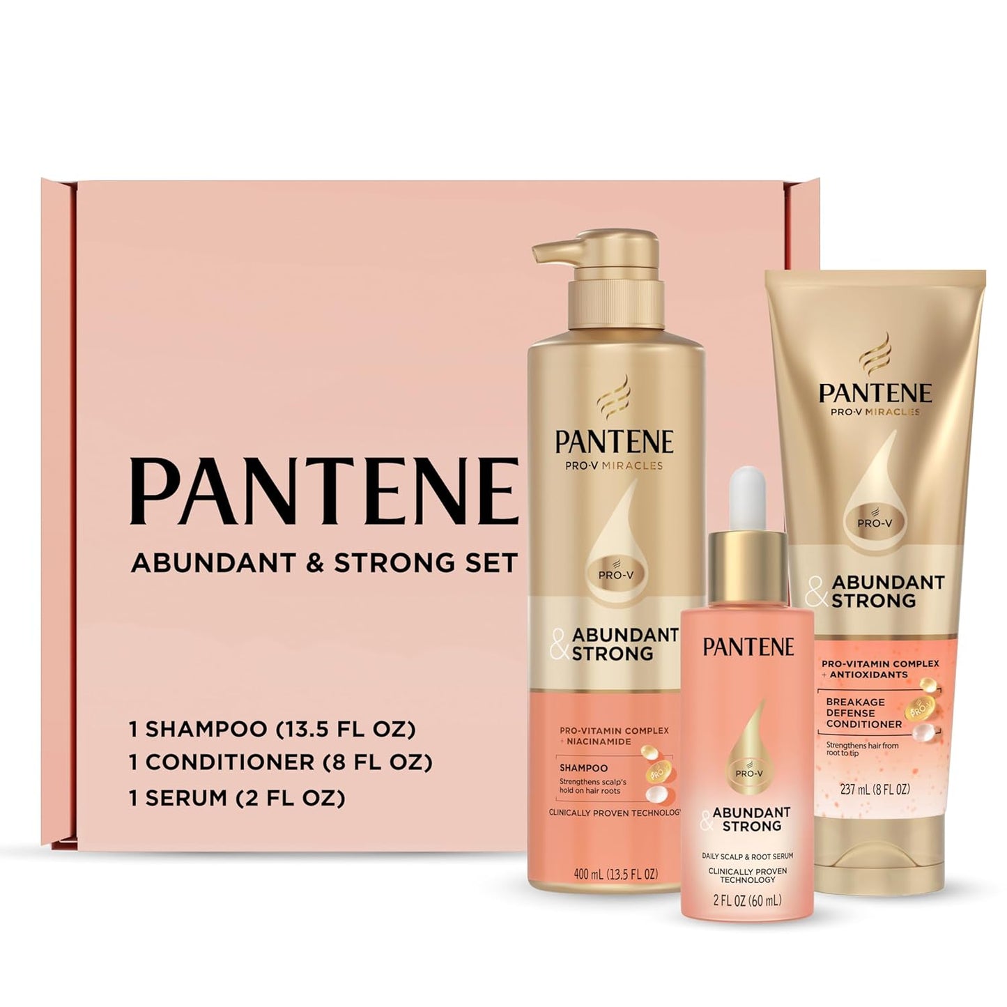 Pantene Abundant & Strong Hair Care Set | Shampoo, Conditioner & Serum for Thinning Hair - B5 Complex & Niacinamide, 3-Piece Regimen