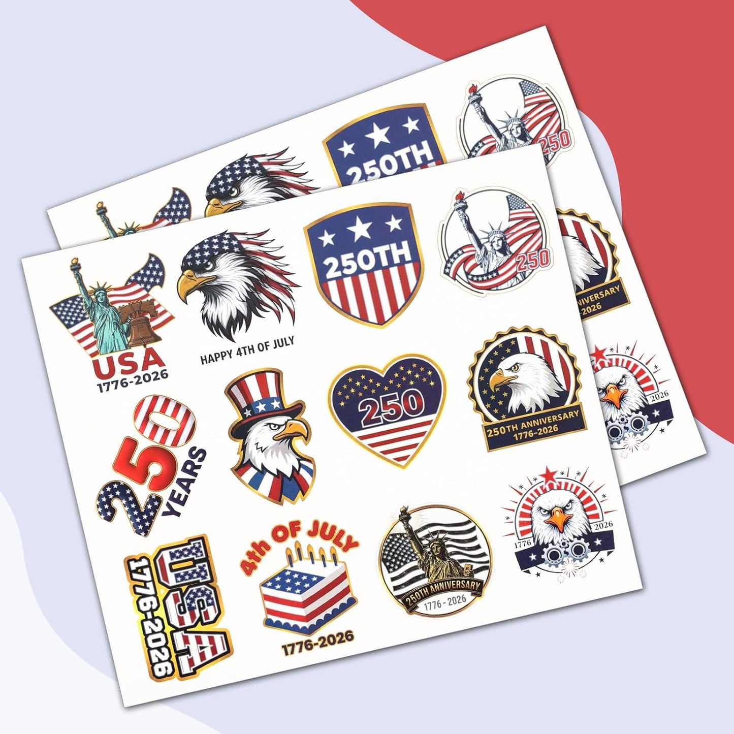 USA Temporary Tattoos - 250th Anniversary American Flag Stickers | 15 Sheets, 60 Styles for 4th of July Decor