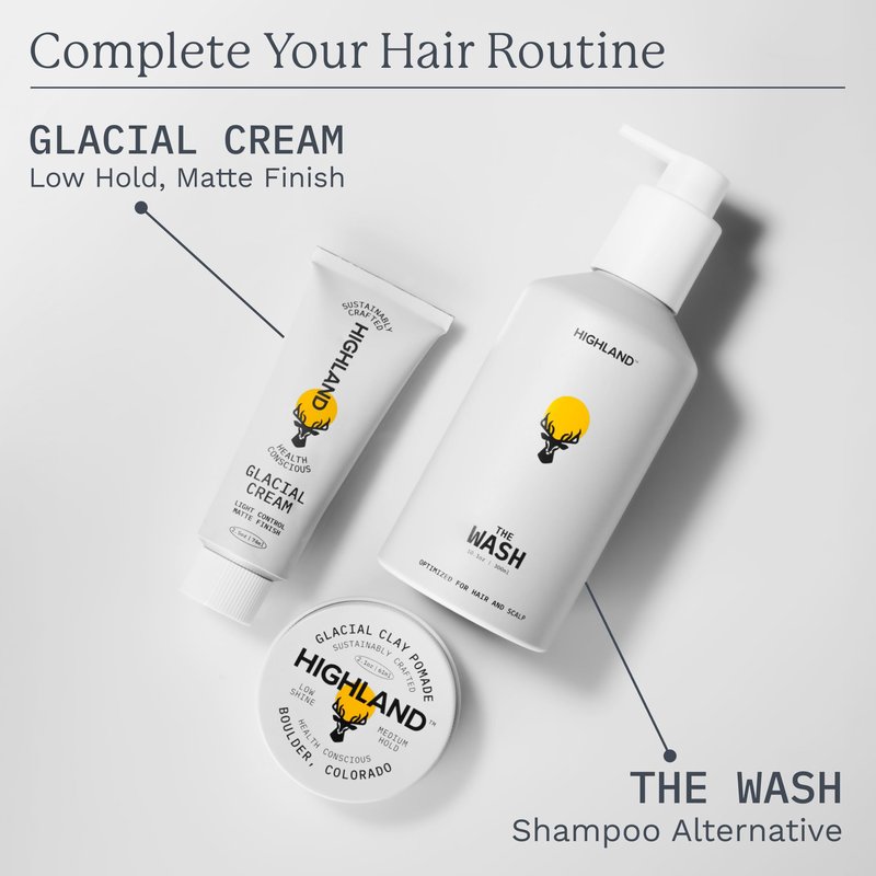 Highland Glacial Hair Clay Pomade - Award winning hair styling clay for men and women made with 100% all natural and organic ingredients that promote hair and scalp health. Low shine, Medium Hold.