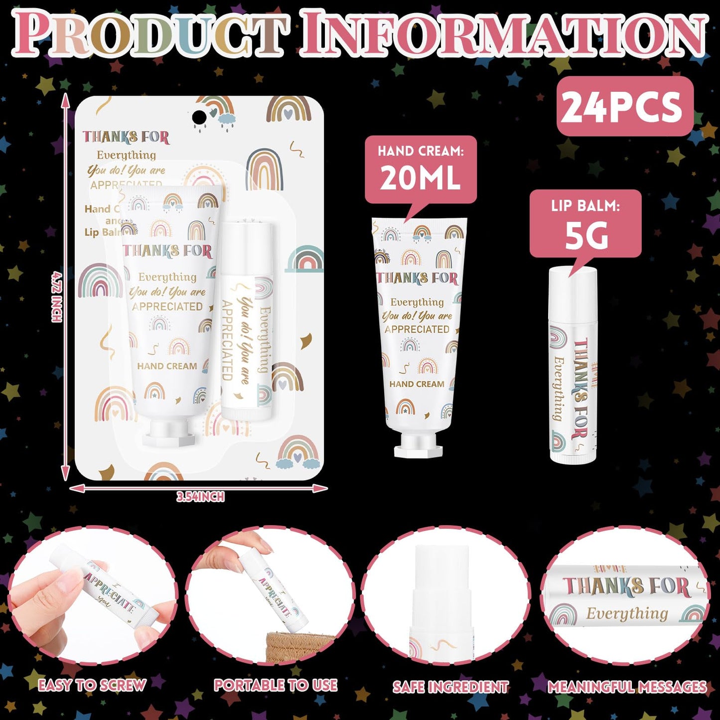 Loopeer 24 Set/ 48 Pcs Back to School Teacher Employee Appreciation Gift Bulk Boho Rainbow Lip Balm Hand Cream Lotion Set Small Team Thank You Gifts Party Favor for Women Classroom Staff Coworker