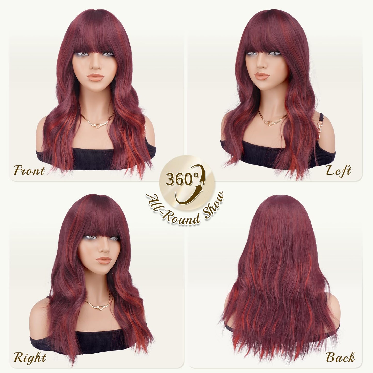 Haloo Red Wigs with Bangs - 19 Inch Natural Wavy Synthetic Heat Resistant Medium Length Hair Wigs for Women Daily Party, Mix Red