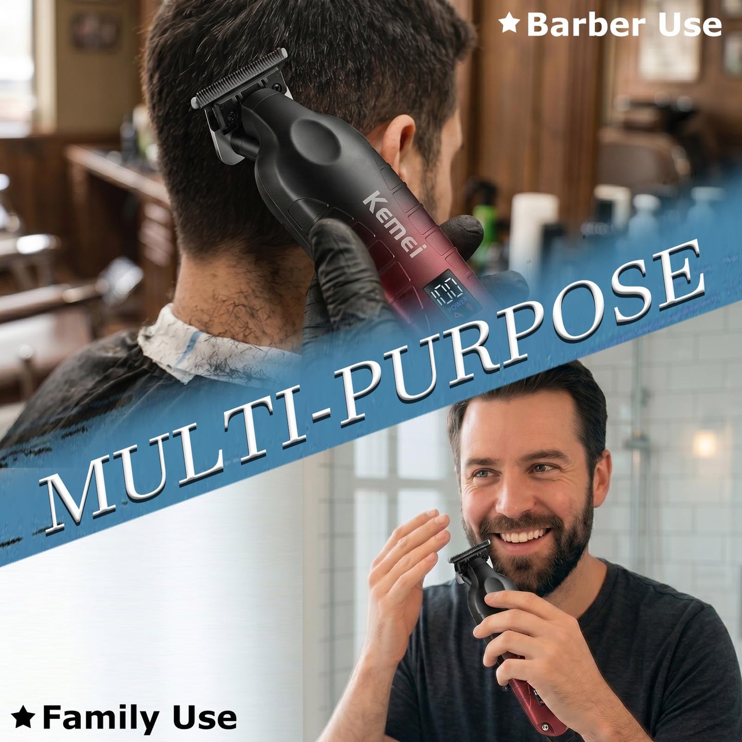 KEMEI Hair/Beard Trimmer for Men, Cordless Professional Hair Clippers for Hair Cutting with LED Display, T-Blade Barber Clippers with Charging Base, KM-PG2499 Black