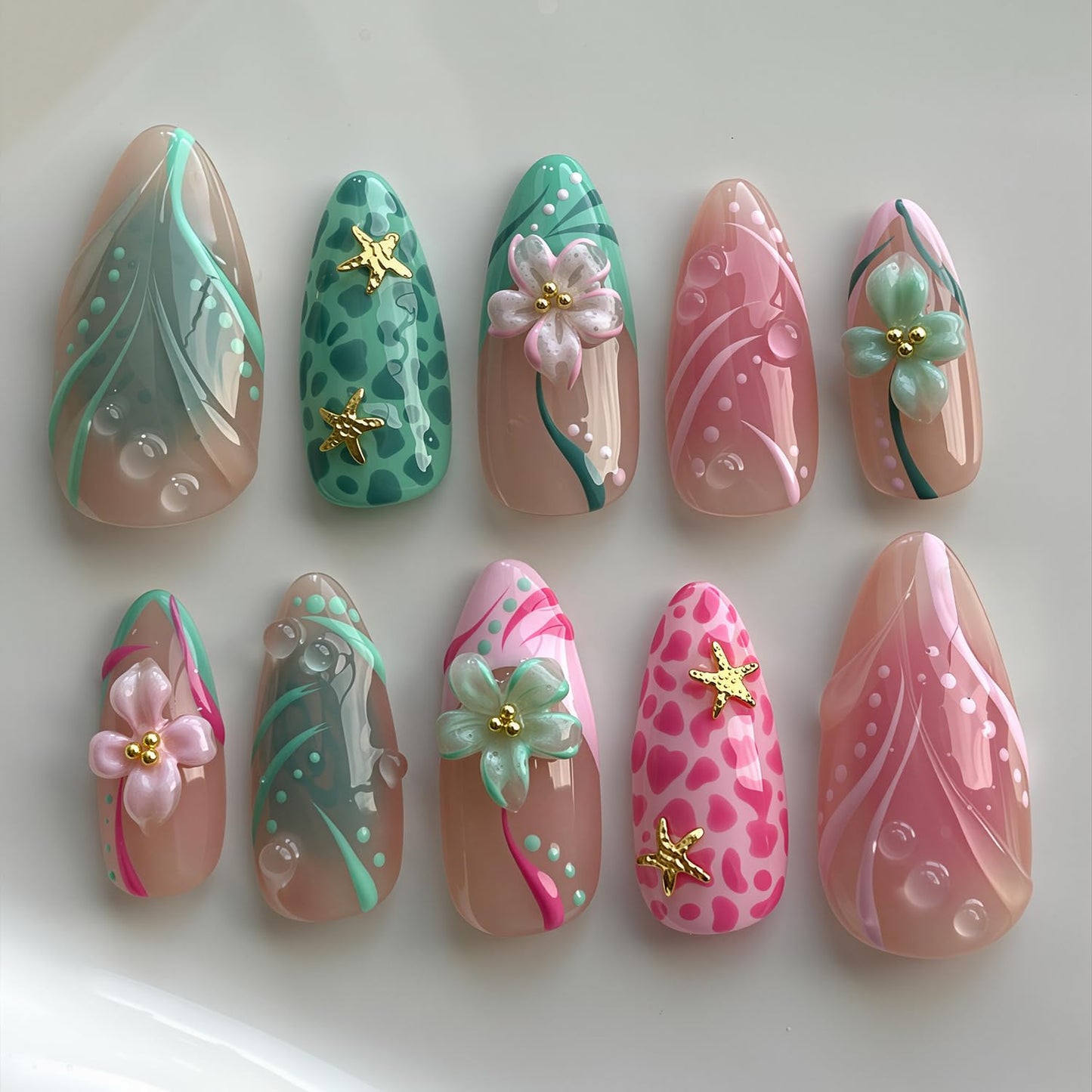 30Pcs 4th of July Press-On Nails - Medium Almond Patriotic Acrylic Nails | Red, Blue & White Designs