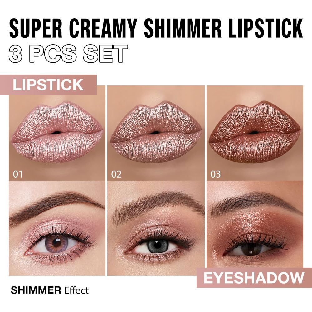 3Pcs Pink Nude Metallic Lip Liner & Lipstick Combo - Long Lasting, Waterproof, Hydrating Makeup