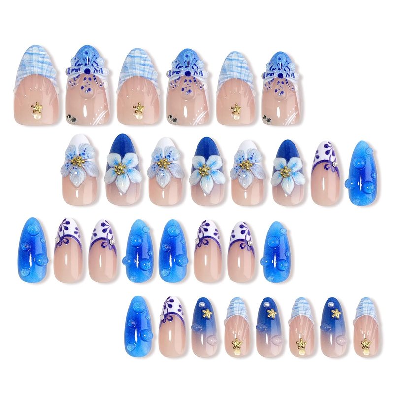 Cute Summer Press-On Nails - Short Almond Blue & White French Tip with 3D Flower & Gold Starfish Design | 30 Pcs