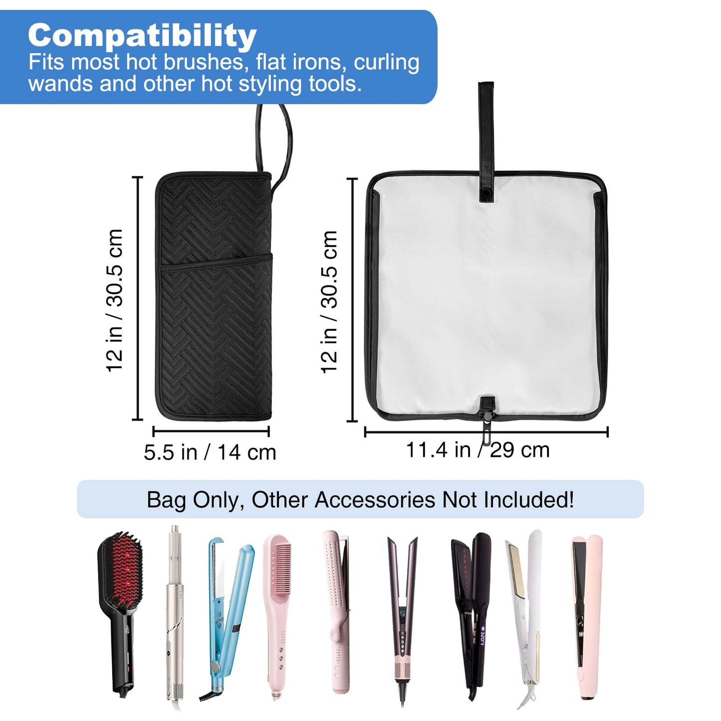 SITHON Hot Tools Holder & Mat, Heat Resistant Hair Tools Travel Bag Portable Hot Tools Organizer Cover Pouch for Curling Flat Irons, Hair Straightener and Styling Tools (Bag Only) (Black)