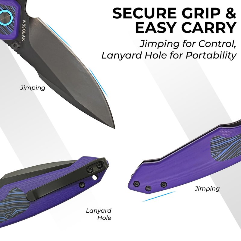 WSSGEAR D2 Steel Folding Pocket Knife with Side Lock - 4.64” Purple G10 Handle, Blue Damascus Inlay, Black Titanium Coated EDC Blade, Bonus Emergency Pocket Wire Saw
