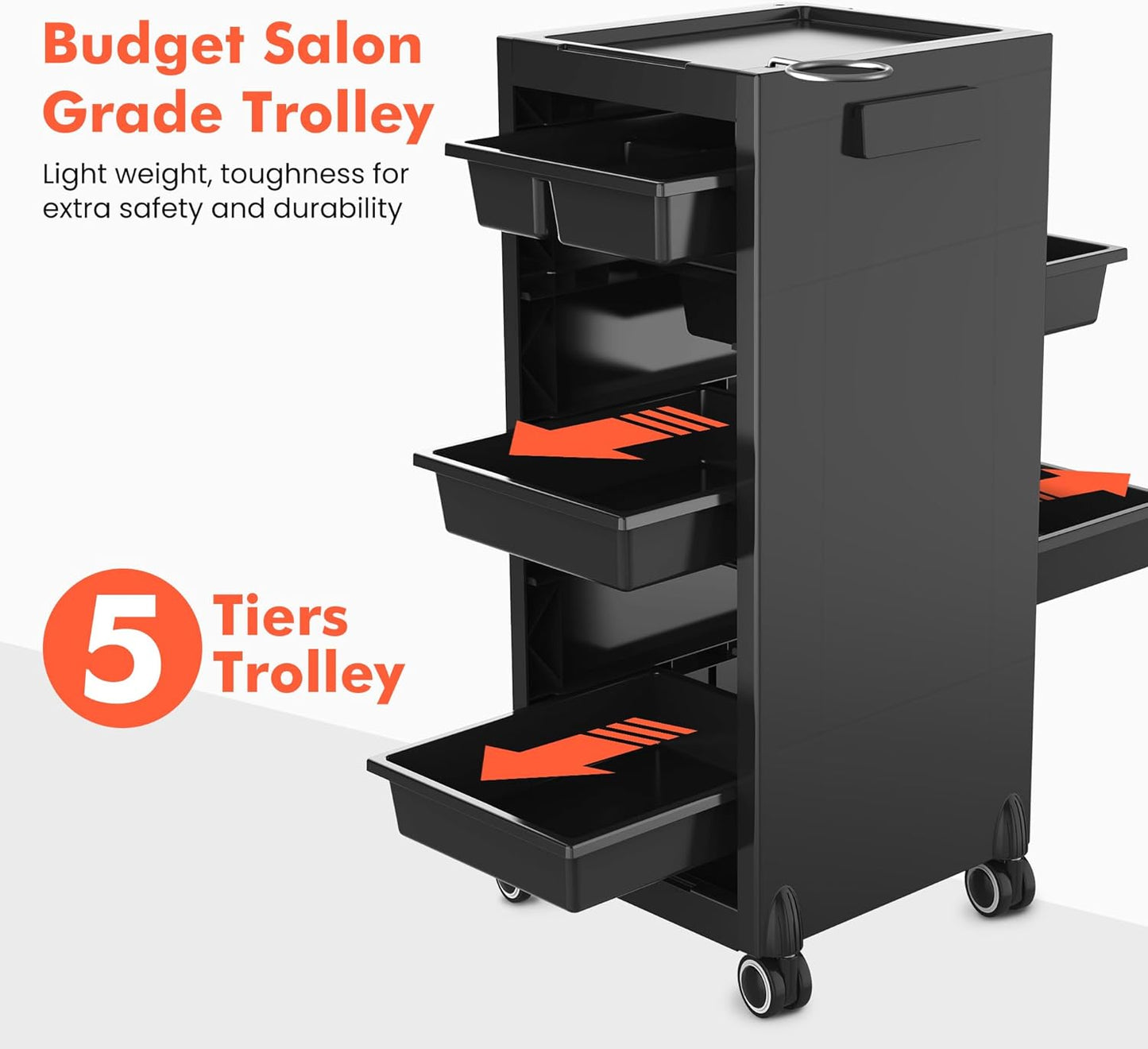 Salon Trolley Cart with Wheels - 5 Drawers & Dryer Holder | Space-Saving Beauty Cart for Hair & Tattoo Use
