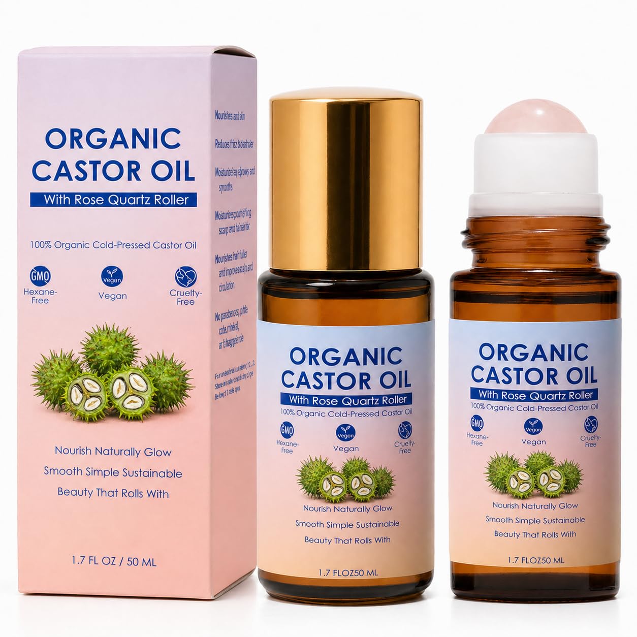 Organic Castor Oil Roll-On with Rose Quartz Roller | 100% Pure Cold-Pressed, Hexane-Free, 1.7oz