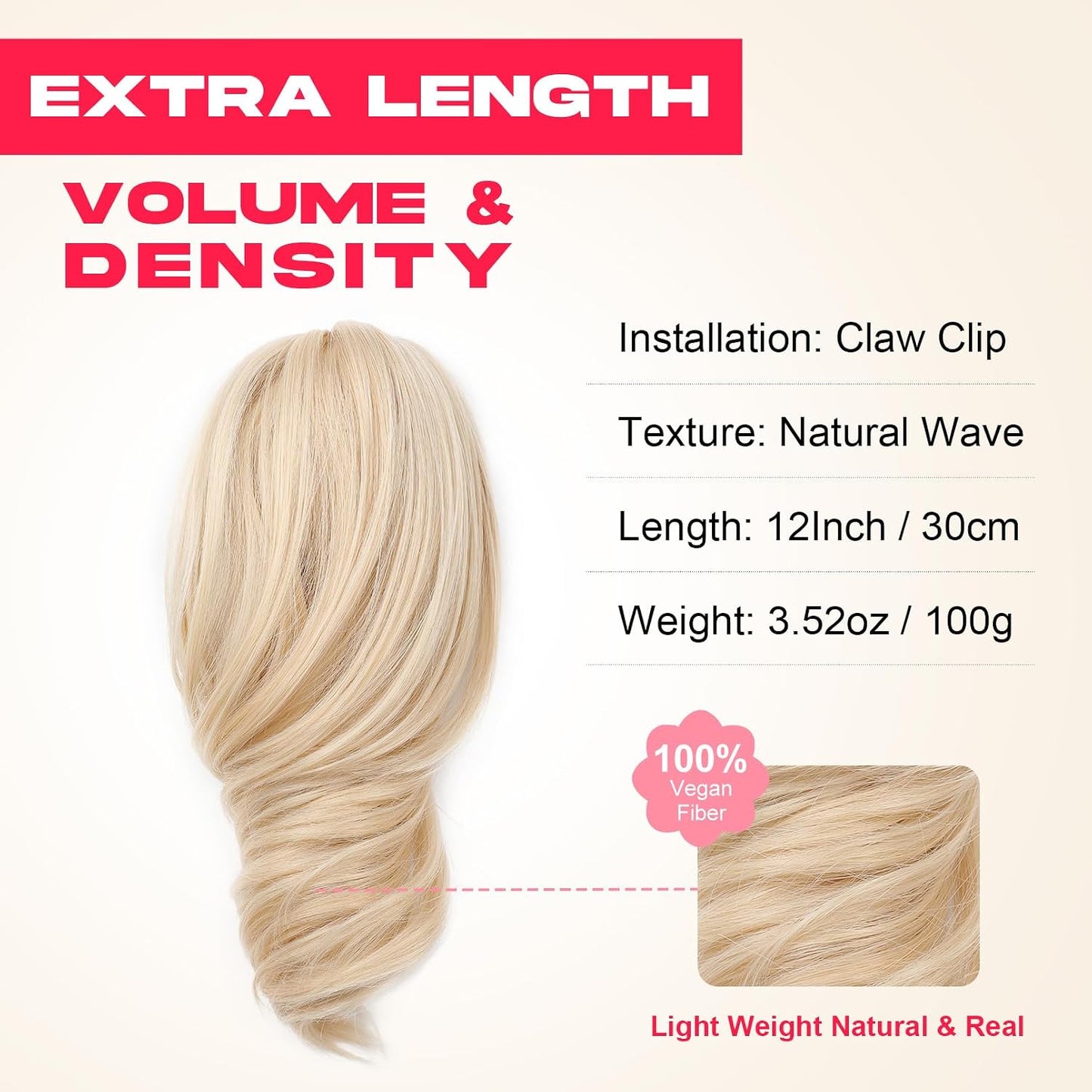 Ponytail Extension - 12" Claw Clip In Natural Wave Hair Piece for Women | Light Blonde