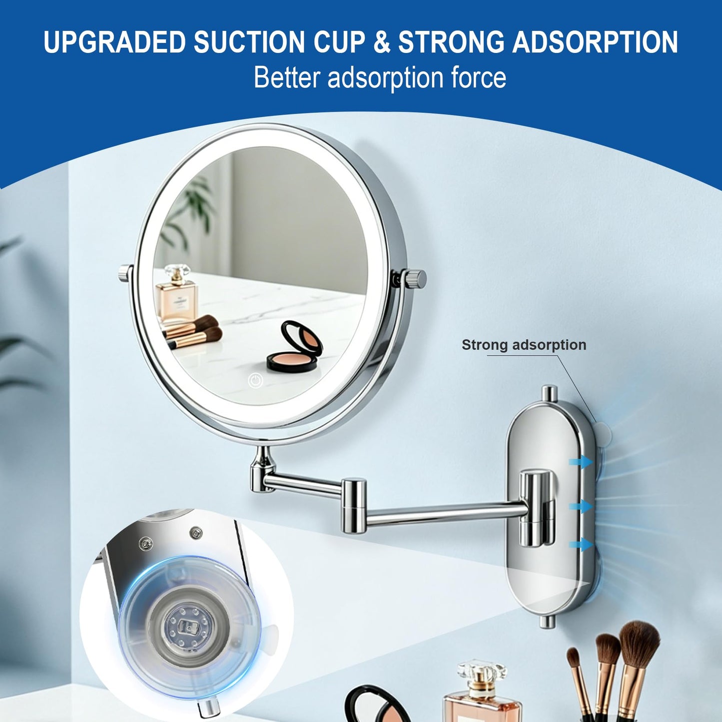 8“Lighted Makeup Mirror Wall Mounted Suction Cup,1X/10X Magnifying Mirror Rechargeable No Drilling Wall Mounted Makeup Mirror Swing Arm, 2000mAh USB Charging, Wall Mount for Bathroom & Shaving Chrome