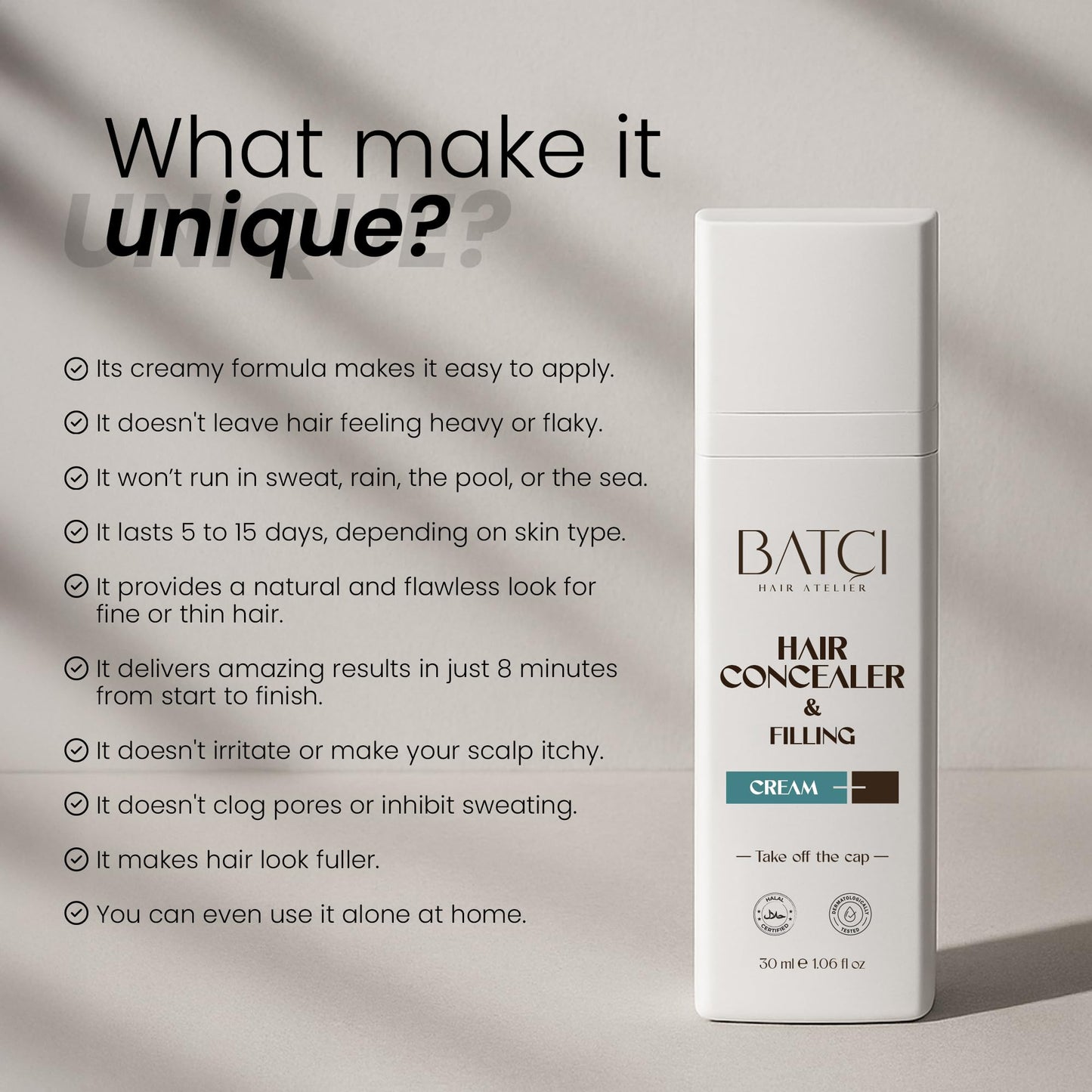 Batci Hair Concealer Cream for Thinning Hair & Bald Spots - Non-Fiber Scalp Concealer Root Touch-Up for Men & Women, Sweat/Water Resistant, One Shade for Black Brown & Grey Hair 1 fl oz (30ml)
