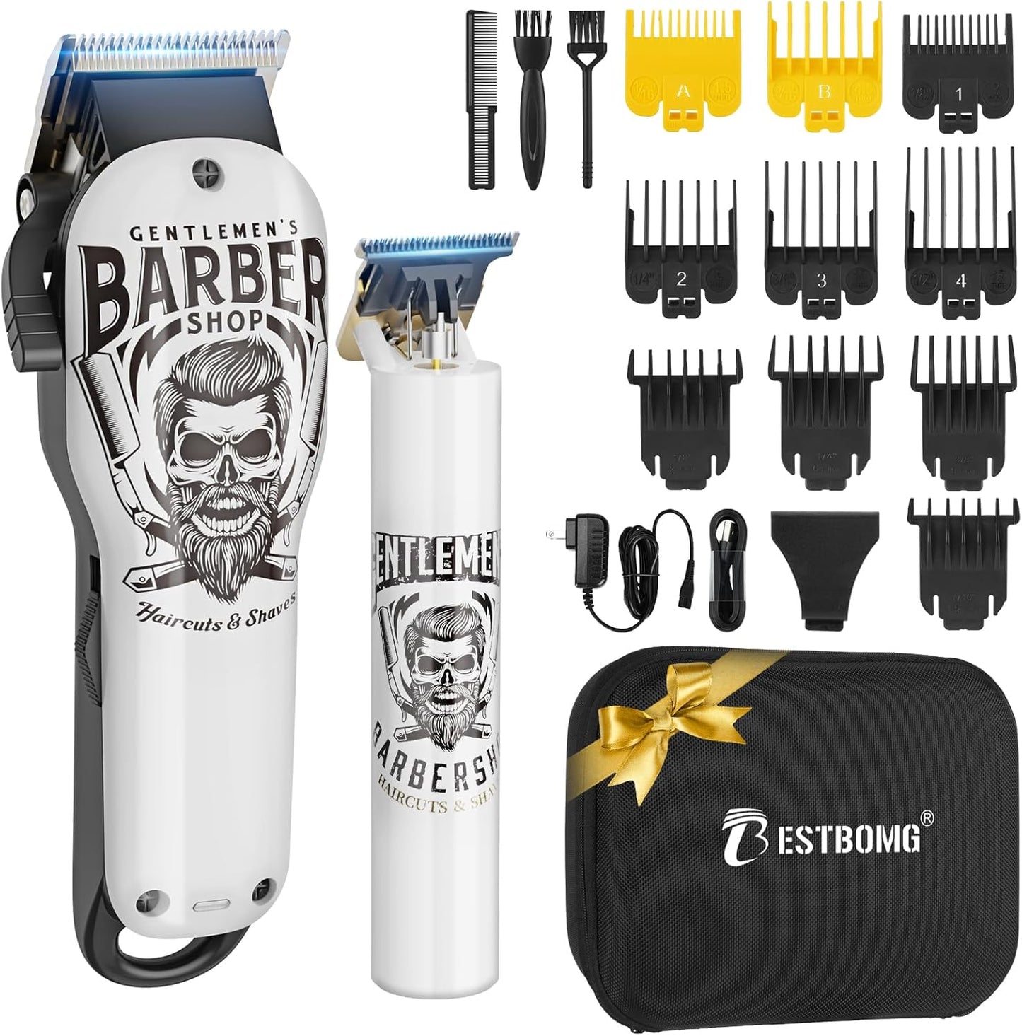 BESTBOMG® Hair Clippers - Cordless Ceramic T-Blade Haircut Set with 10 Guide Combs for Men