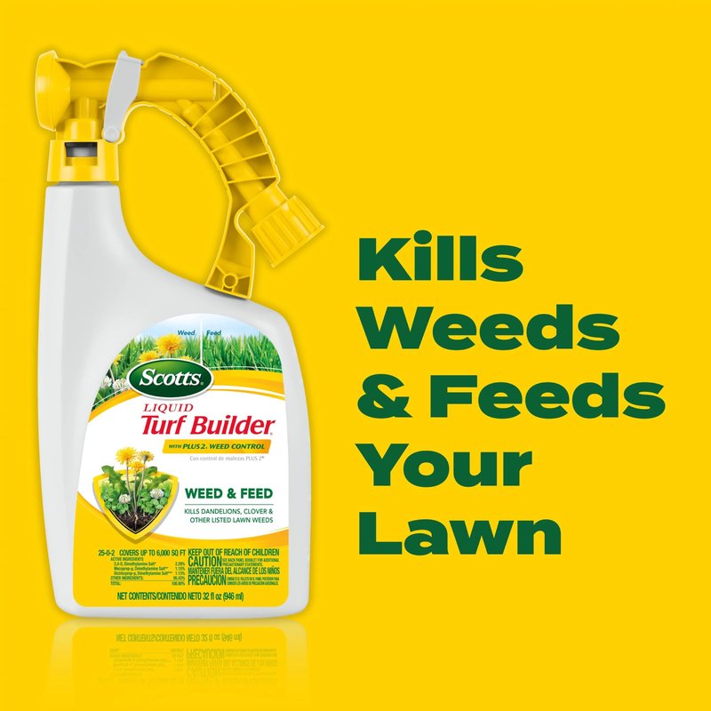 Scotts Liquid Turf Builder with Plus 2 Weed Control Ready-to-Spray - Liquid Weed Killer and Grass Fertilizer, Hose-End Applicator, 32 fl. oz.