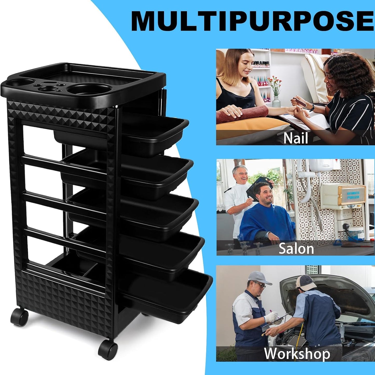 Salon Trolley Cart with Wheels - 5 Drawer Rolling Station for Hair Stylists | Black Hairdressing Equipment