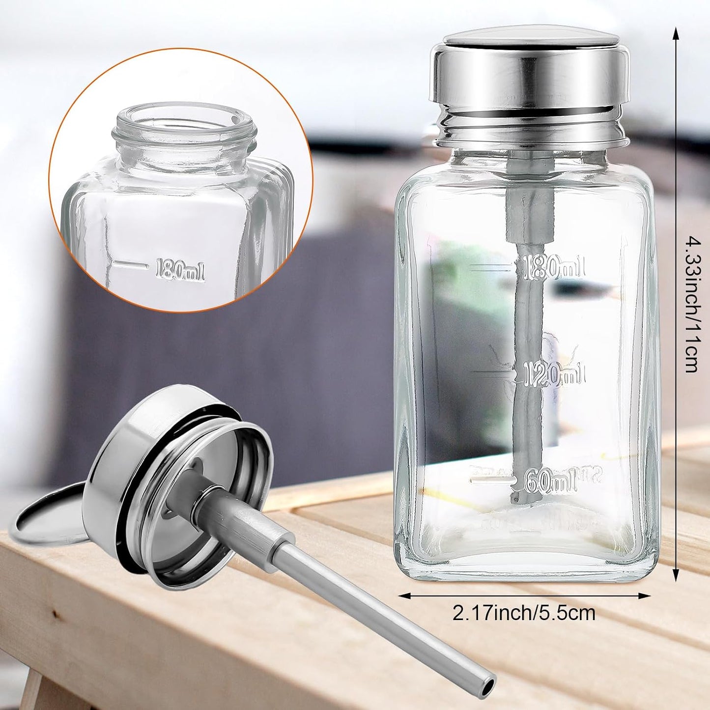 Acetone Pump Dispenser - 2 Pcs 6 Oz Clear Refillable Bottle with Flip Cover | Nail Polish Remover & Makeup Remover
