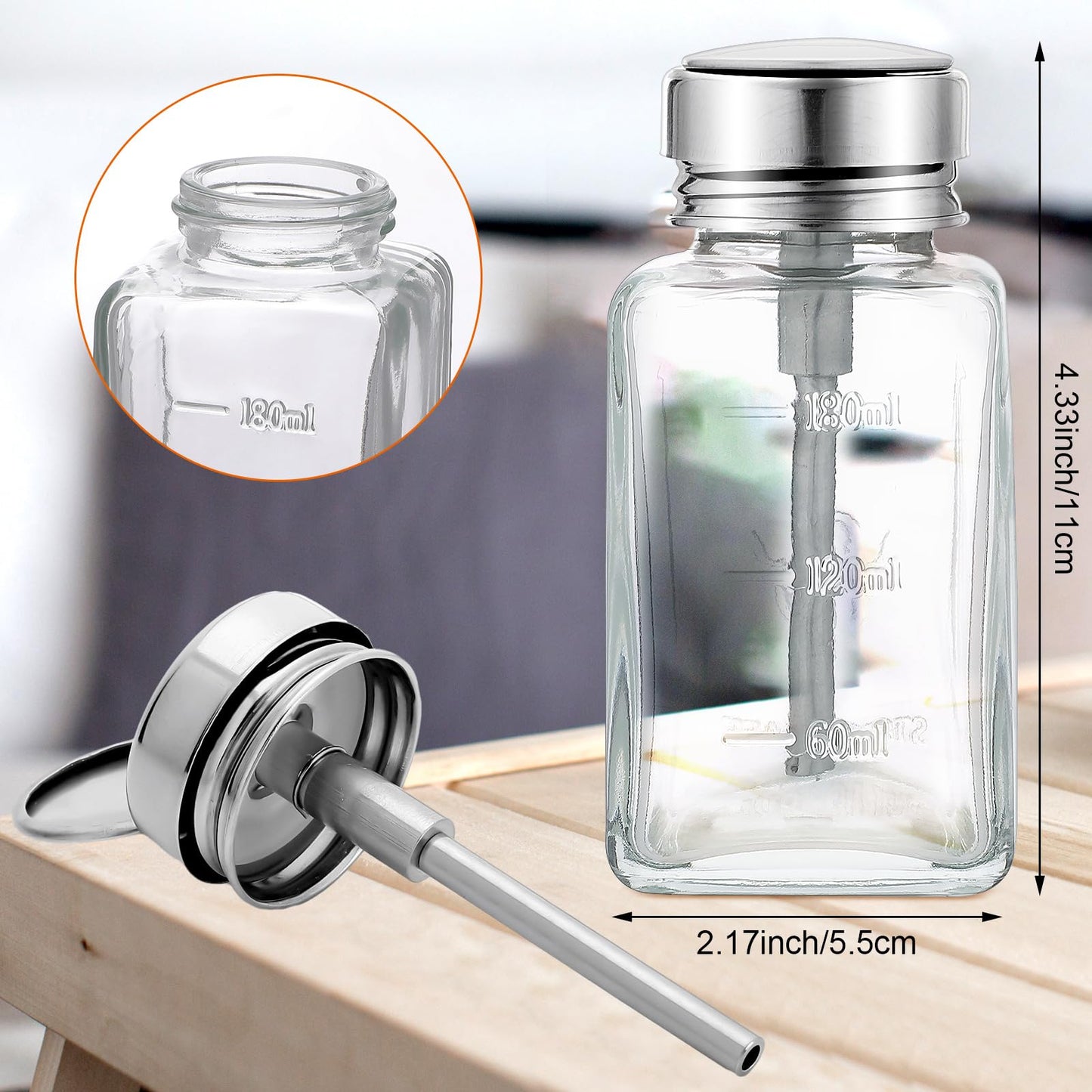 Lallisa 2 Pcs 6 Oz/ 180 ml Acetone Pump Dispenser Clear Pump Dispenser Bottle with Flip Cover Glass Nail Polish Remover Push Down Bottle Refillable Press Container for Makeup Remover