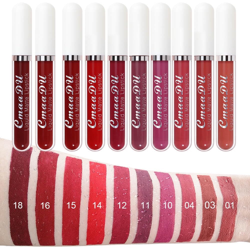 Matte Lipstick Set - 10Pcs Long-Lasting Liquid Lip Color for Black Women | Dark Ruby, Mauve, Plum & More