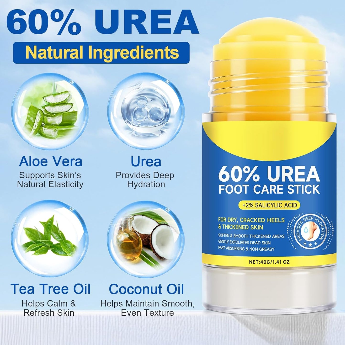 Urea Foot Care Stick - 60% Urea & 2% Salicylic Acid Moisturizer for Dry, Cracked Skin | 1.41oz