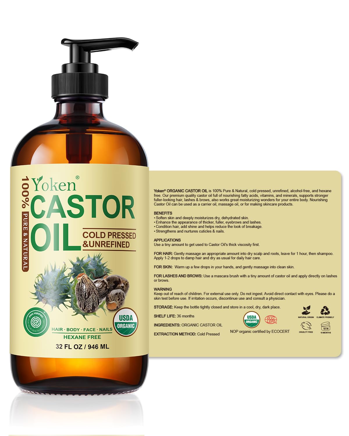 Yoken Castor Oil - 100% Pure Cold Pressed Hexane-Free Oil for Skin, Hair & Body | 32 fl oz Glass Bottle with Pump