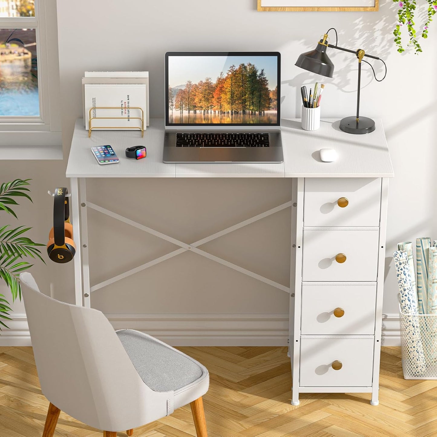 Small White Desk - 35.4 Inch Writing Desk with Drawers | Reversible Study Table for Kids & Teens