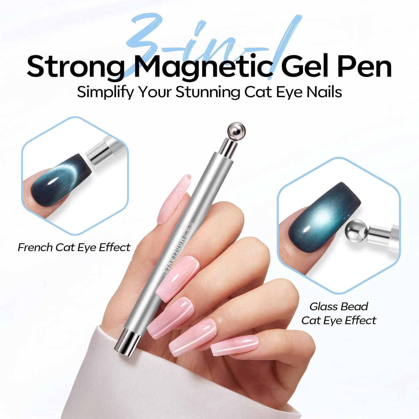 modelones Cat Eye Magnet Set, 5PCS 3-in-1 Dual-Head Nail Magnet Pen with Heart, Lightning & Ball Shapes for Cateye Gel Polish, Side Light Wide Light Glass Glow Effects, DIY Nail Art Tool