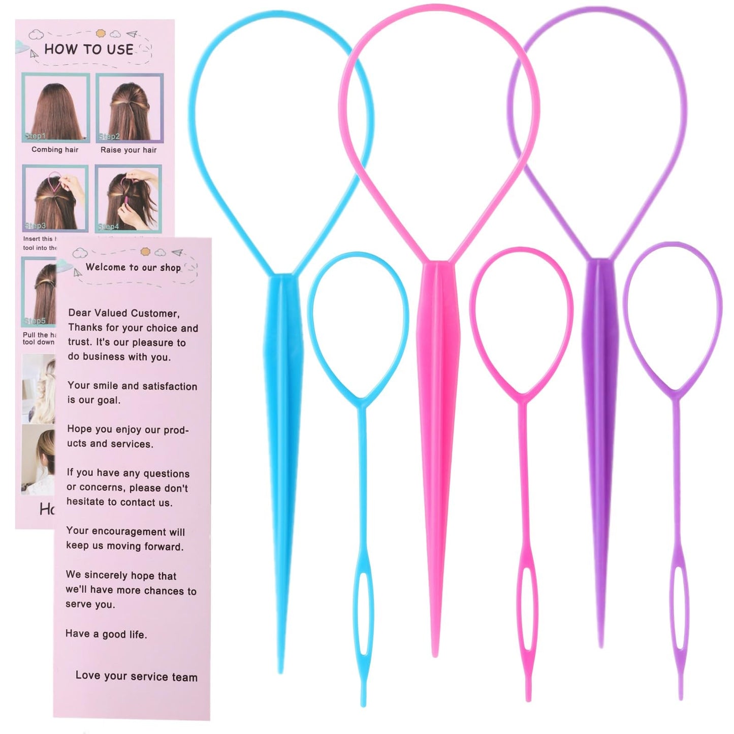 Schembo Topsy Tail Hair Tool Set - 6pcs Loop Styling Tool, Ponytail Pull Through, Two Sizes, 3 Colors (Pink/Purple/Blue) for Women, Girls & Kids