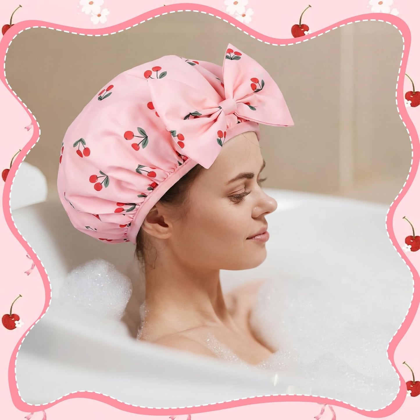Cherry Shower Cap for Women - Terry Lined, Waterproof & Adjustable | Reusable Double Layer Bath Bonnet for Braids & Curly Hair
