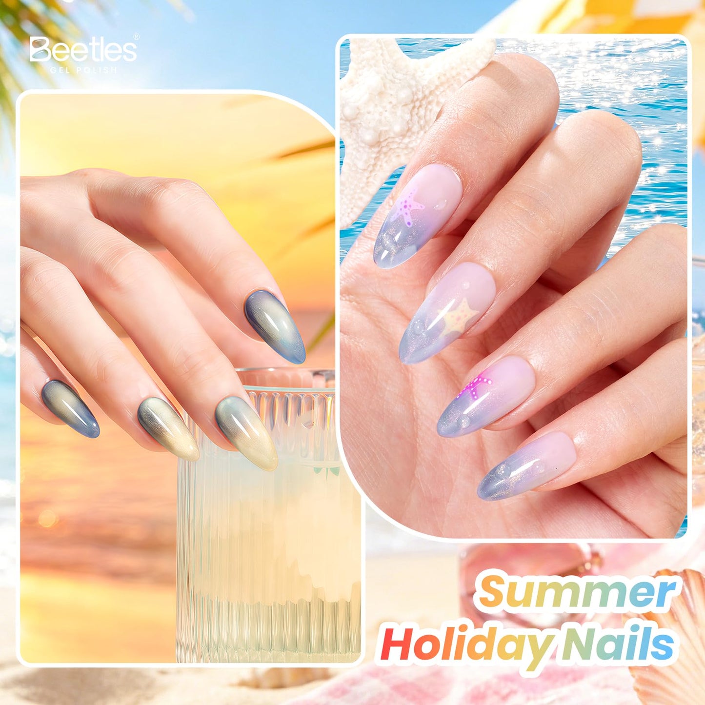 Beetles Summer Voyage Cat Eye Gel Nail Polish Set - 9ML 6 Colors Saltmist Sunset Summer Cat Eye Gel Nail Polish Kit Yellow Blue Green Pink Purple Soak Off UV Salon DIY at Home Manicure Gift for Women