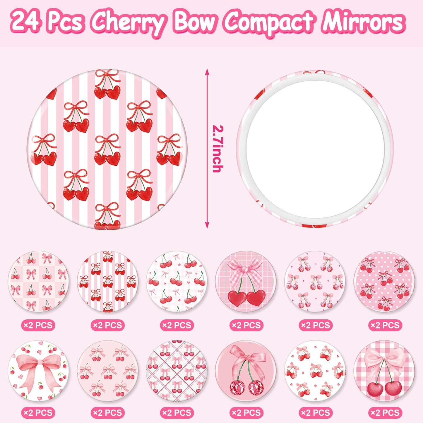 Weysat 24 Pcs Cherry Bow Compact Mirrors Bulk 2.7" Small Round Portable Pink Pocket Makeup Mirror for Girls Women Coquette Preppy Birthday Bridal Shower Weddings Party Favors Decorations