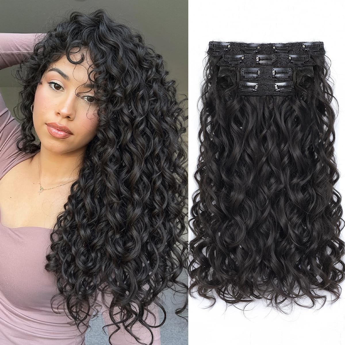 Curly Clip-In Hair Extensions - 20 Inch Thick Natural Synthetic Hairpieces | 4PCS Black