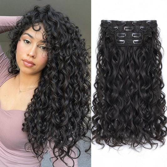 Curly Clip-In Hair Extensions - 20 Inch Thick Natural Synthetic Hairpieces | 4PCS Black
