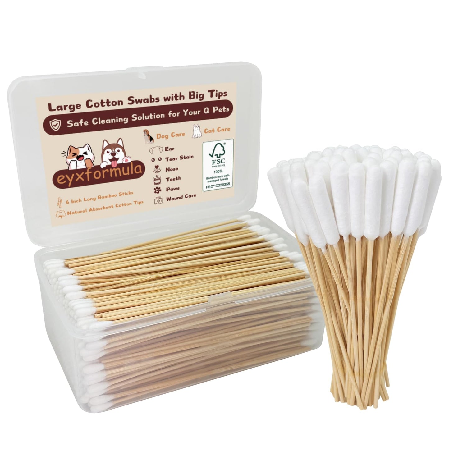 Eyxformula 400 Pcs Long Cotton Swabs for Dogs and Cats – 6 Inch Bamboo Sticks with Soft Cotton Buds for Ear, Eye, and Paw Cleaning – Includes 300 Standard Tips and 100 Extra-Long Tips