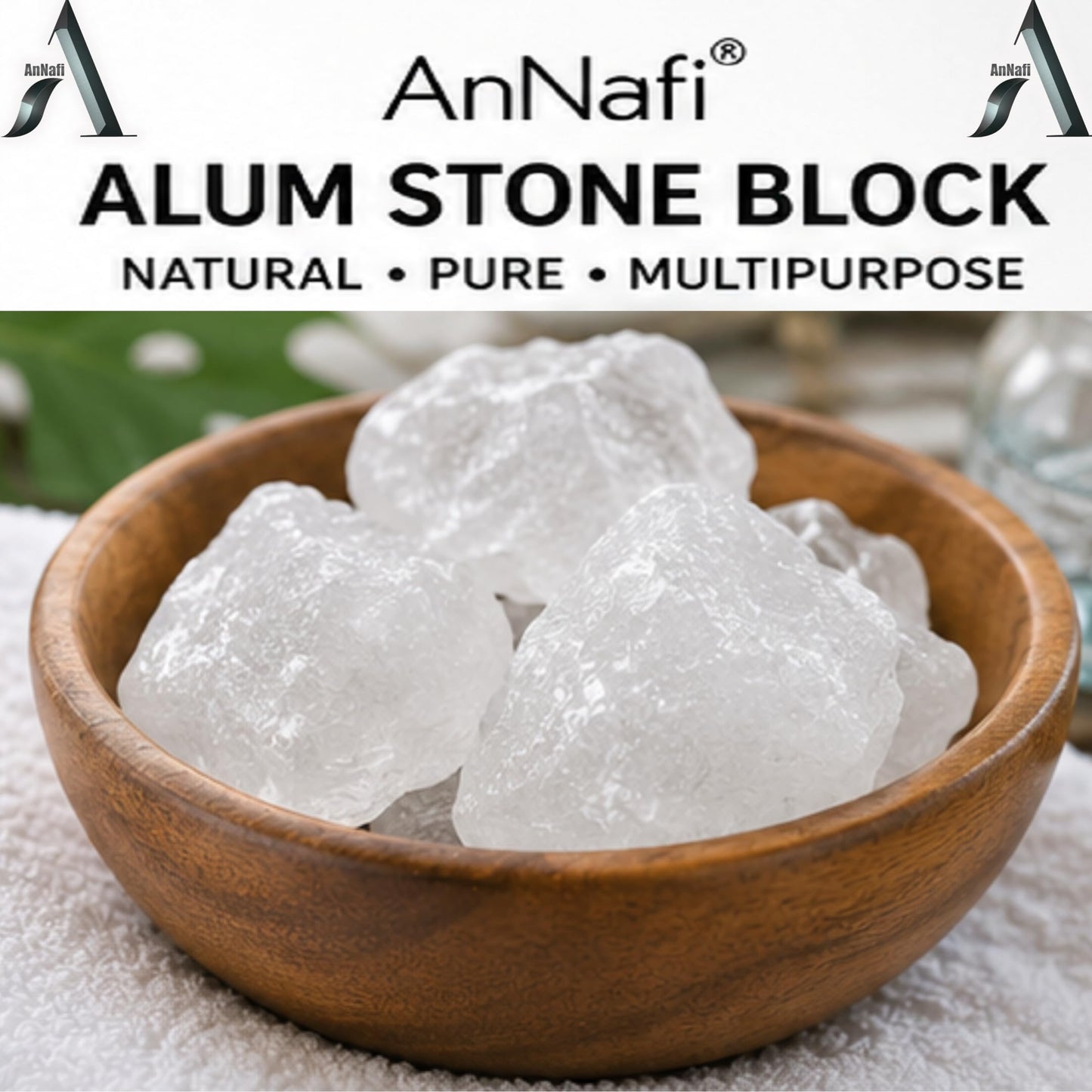 AnNafi® Natural Alum Stone Block | White Alum Crystal Rock | Phitkari Stone | Piedra de Alumbre | Tawas Mineral Crystal Chunks | Traditional Grooming & Household Mineral Stone 1000 Grams (35 OZ)