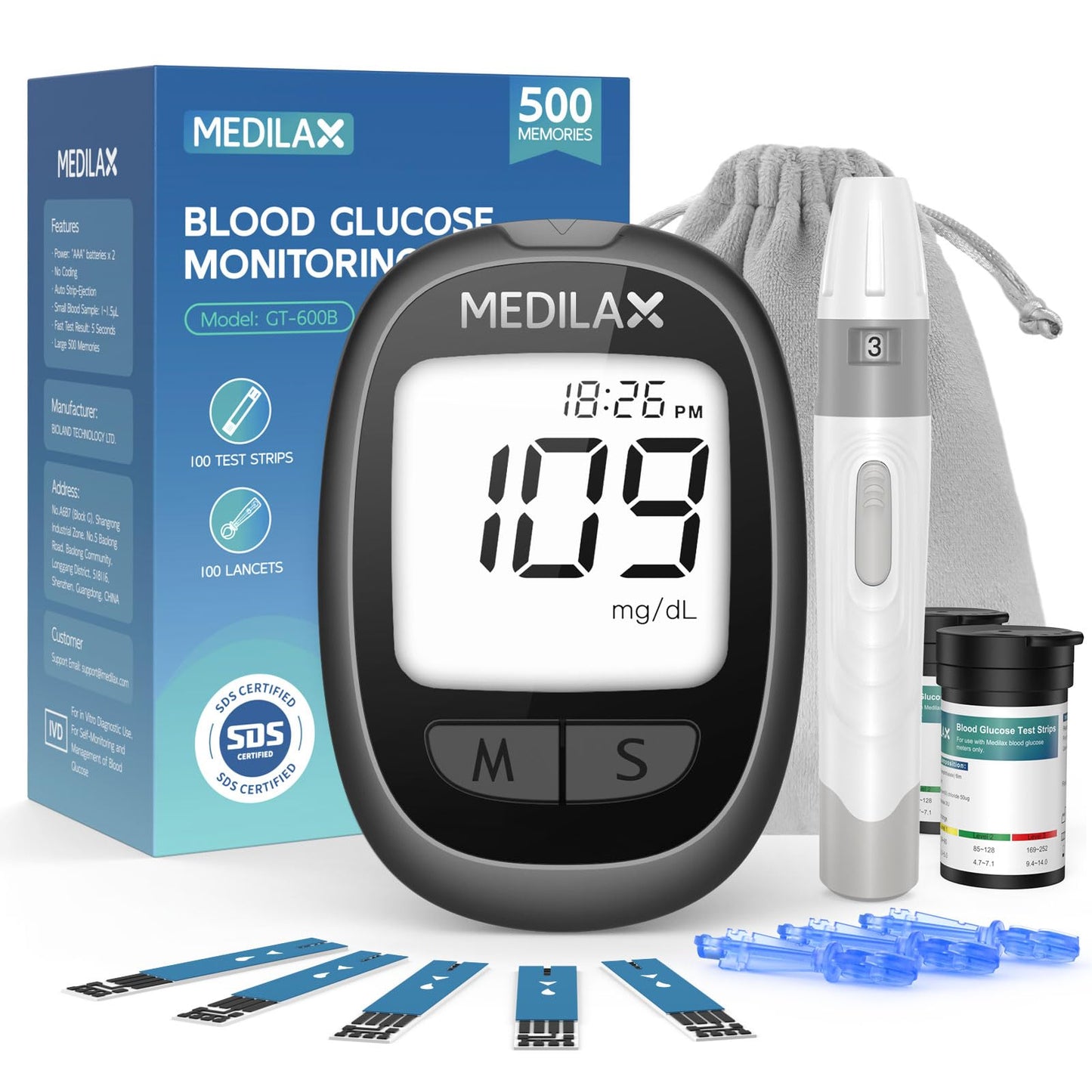 Medilax Blood Glucose Monitor Kit, 100 Test Strips & 100 Lancets Blood Sugar Testing Kit with Glucometer and Lancing Device, No Coding, 500 Storage Glucose Monitor for Home Use, Diabetes Testing
