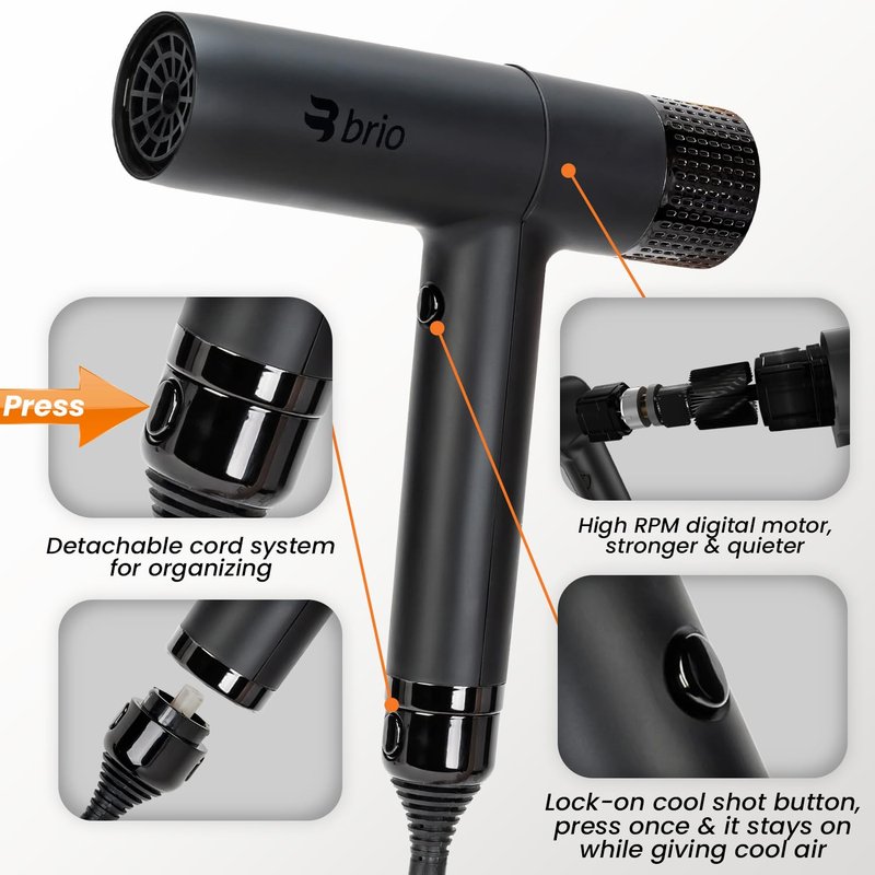 Brio Compact Hair Dryer with Digital Brushless | Lightweight Design, Blow Dryer, Perfect for Travel (Black)