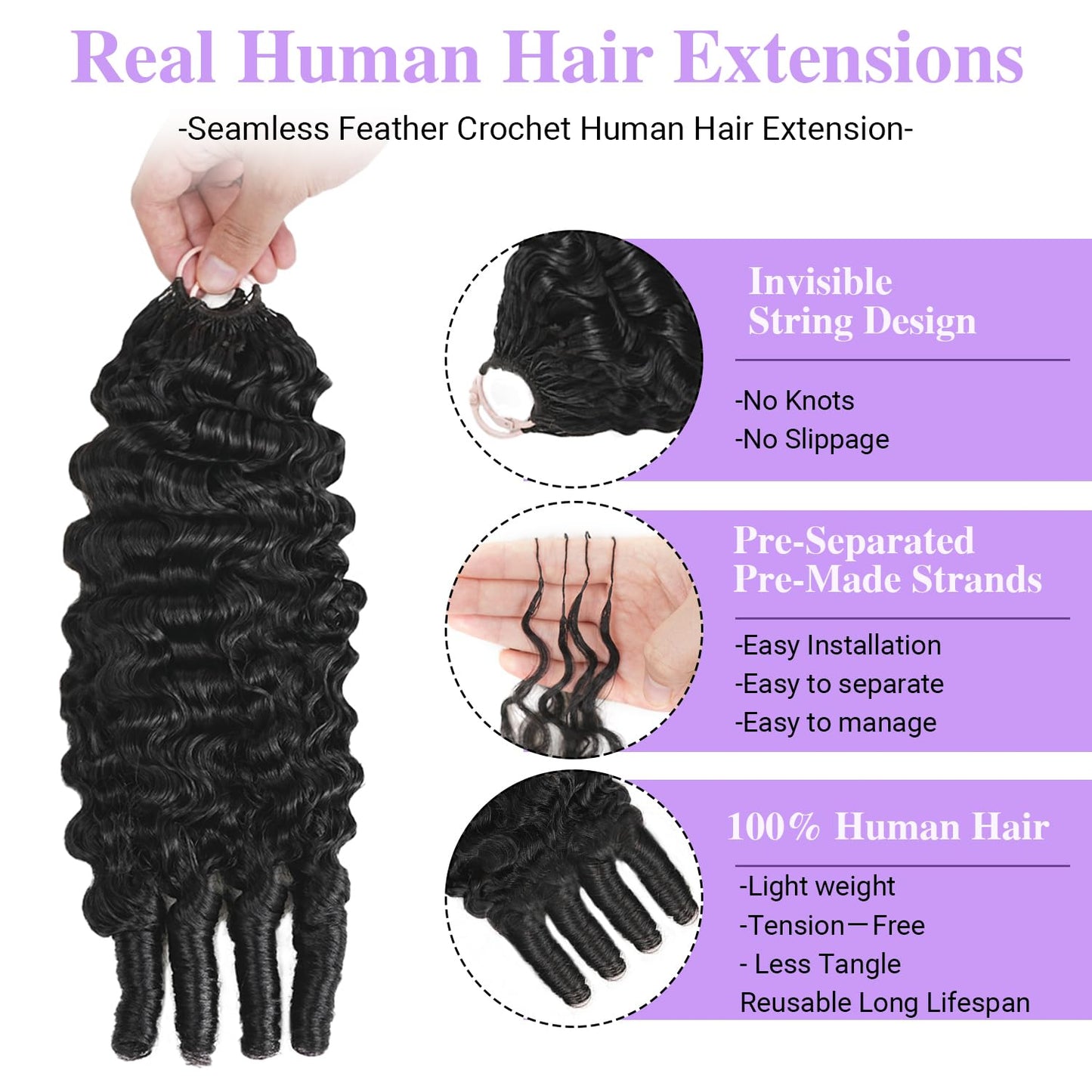 Sterly Burmese Curly Crochet Human Hair for Black Women 120g Miracle Konts Crochet Human Hair Bundles 18 Inch Pre-Separated Feather Crochet Hair Premium Reusable Natural Black