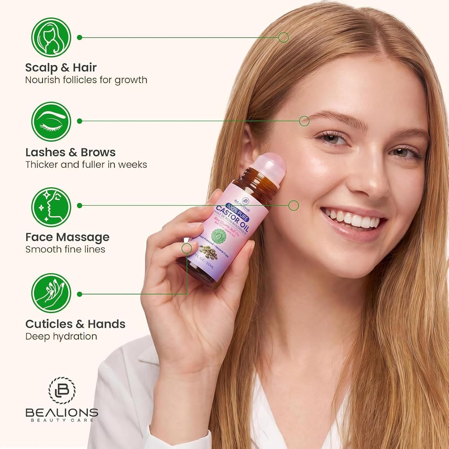 Organic Castor Oil Roll-On | Rose Quartz Roller Ball for Fine Lines, Wrinkles & Puffiness - Ideal Birthday Gift for Women 35+