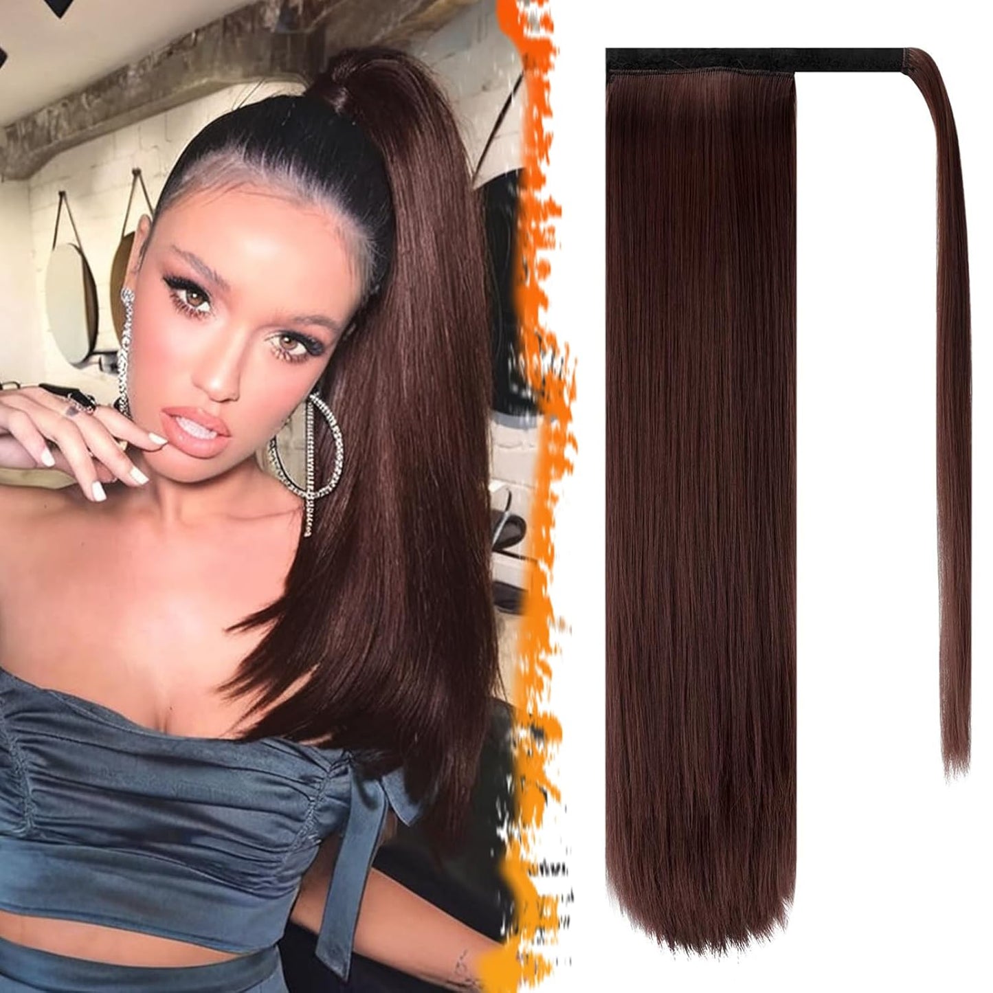 Dark Brown Straight Wrap Ponytail Extension - 24 Inch Clip-In Hairpiece for Black Women | Synthetic Hair