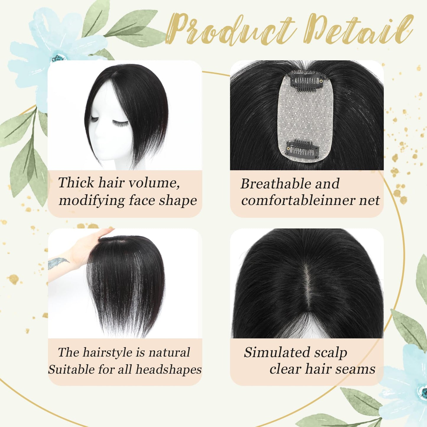 OOPPOO Hair Toppers for Women Real Human Hair, 12 Inch Toppers Hairpieces for Women with Side Bangs Upgraded Lace Base for Thinning hair to Add Volume