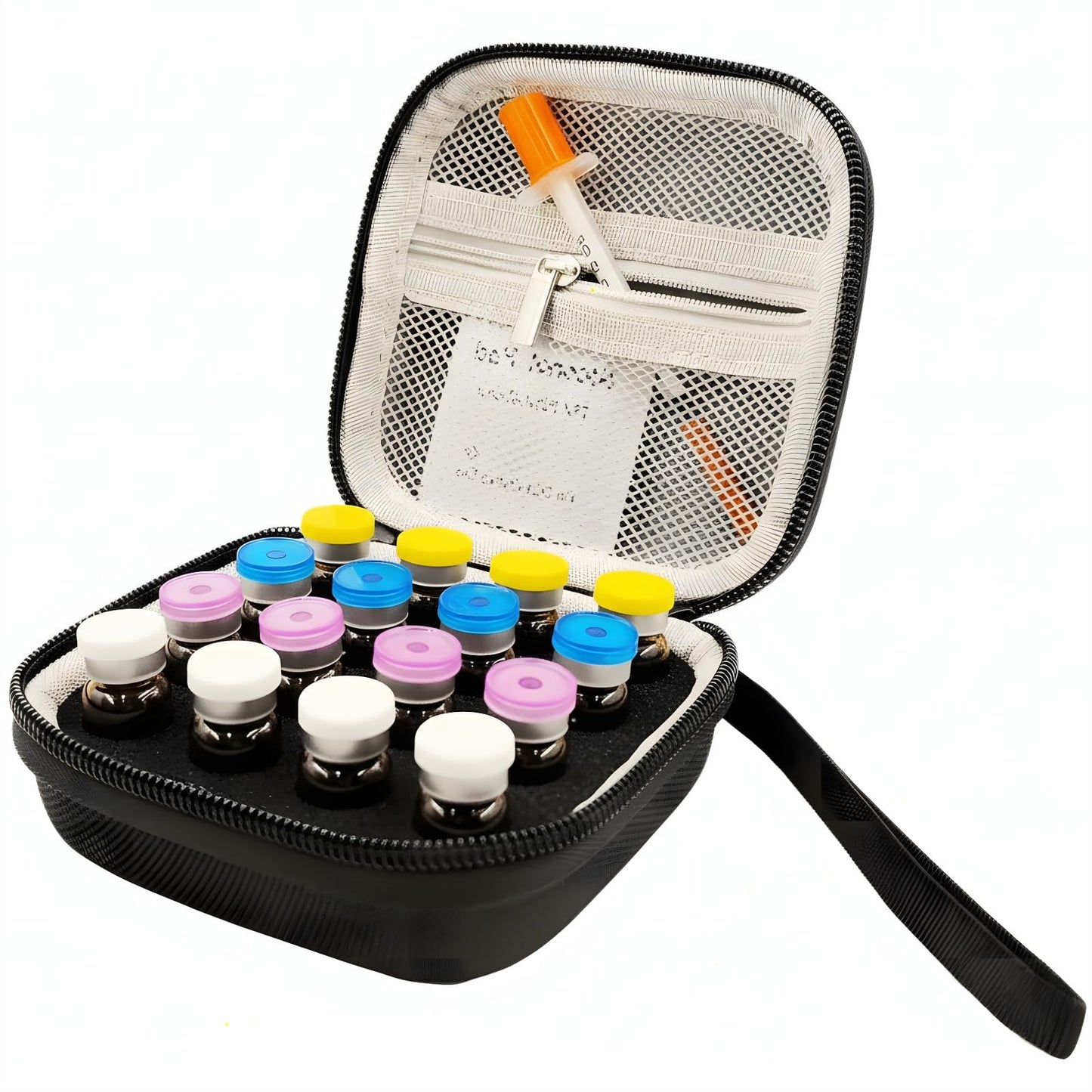 ZyCooom Peptide Case Insulin Vial Holder 16 Slots, Peptide Travel Storage for 1-3ml Vials and Essential Oils For Fridge With Zipper Mesh Pocket and Hand Strap for Diabetic Supplies Kits -Black