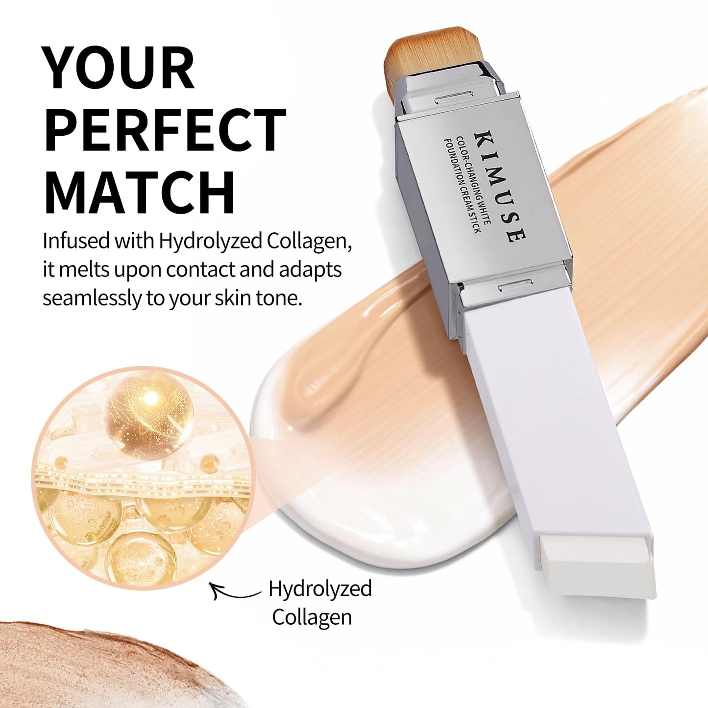 KIMUSE Color-Changing White Foundation Cream Stick, Long Lasting Color Changing Foundation, Medium to Full Coverage Stick Base Makeup, Dual-Ended with Brush