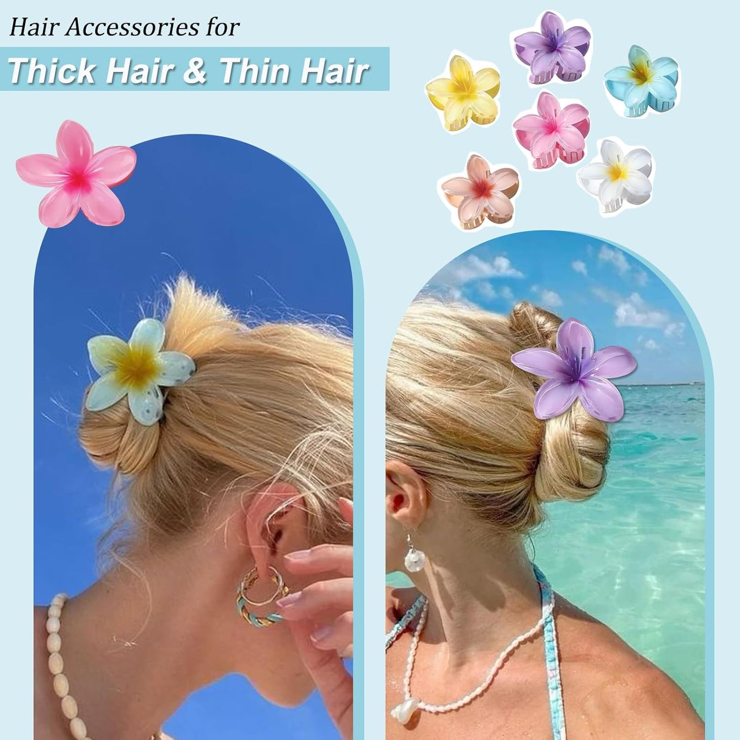 Hawaiian Flower Hair Clips - 6 Pcs Nonslip Plumeria & Daisy Beach Accessories | Strong Hold for Women