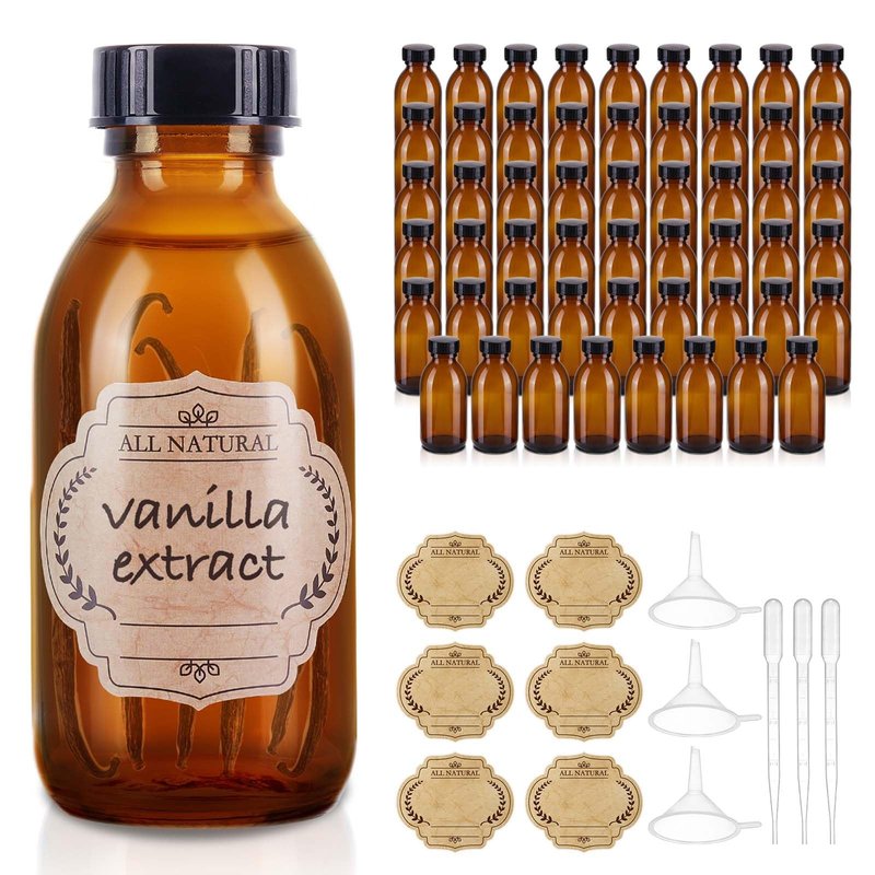 54 Pack 4 oz Amber Boston Glass Bottle with Cap, Empty Glass Bottles for Homemade Vanilla Extract, Essential Oils, Juice, Potion, Syrup, Liquids, Christmas