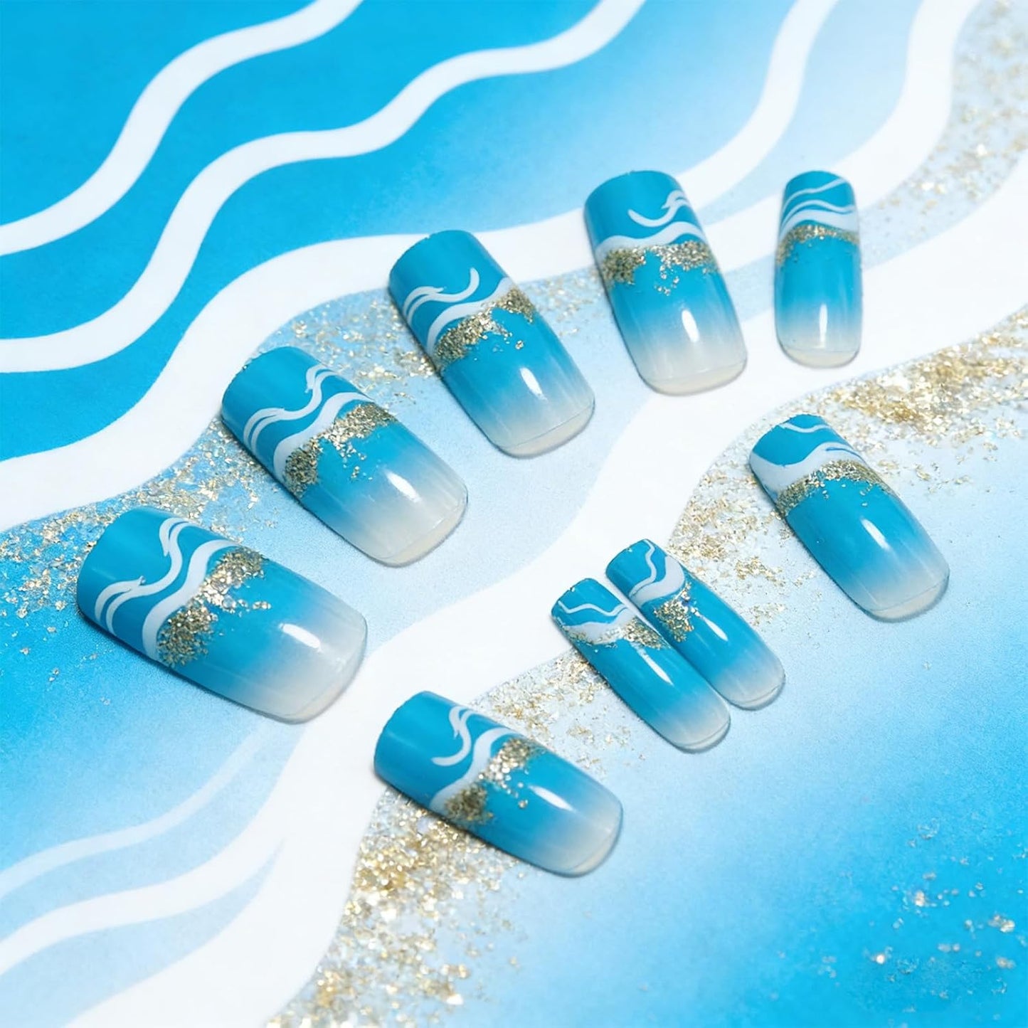 Medium Square Blue Wave Press-On Nails - Glossy Gradient Glitter Design | 24 Reusable Summer Nails for Women