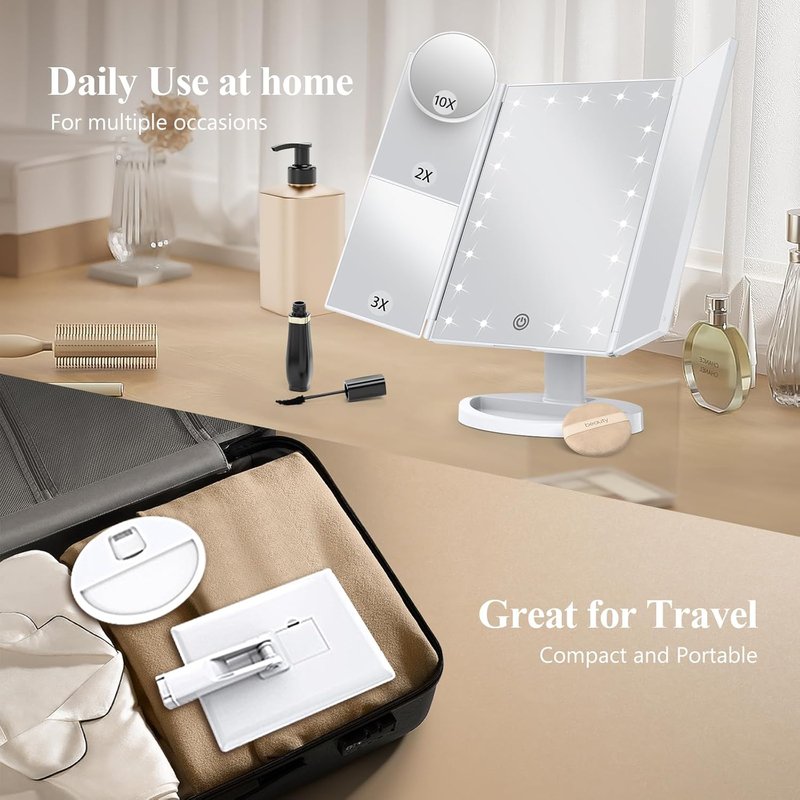 Makeup Mirror with Lights - Trifold Vanity Mirror | 2X/3X/10X Magnification, Touch Control, Dual Power Supply