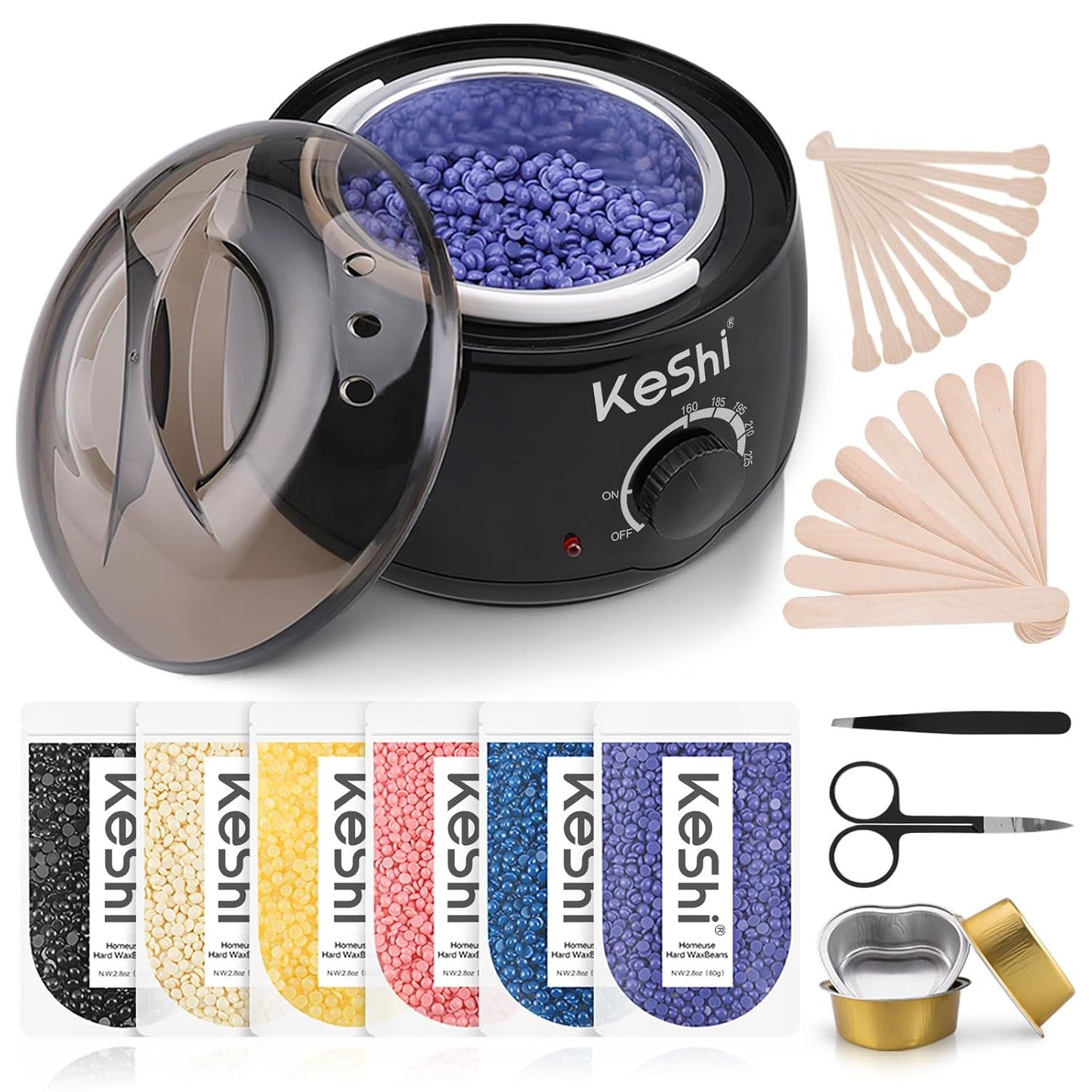 Painless Hair Removal Waxing Kit - KeShi Wax Warmer with 6 Bags Hard Wax Beans for Full Body, Legs, Face & Bikini | Ideal for Men & Women
